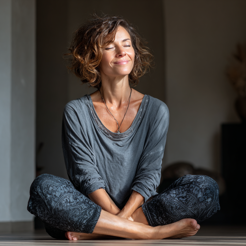 Smiling European woman in her 30s practicing yoga pose in natural lighting, peaceful expression, realistic photography style