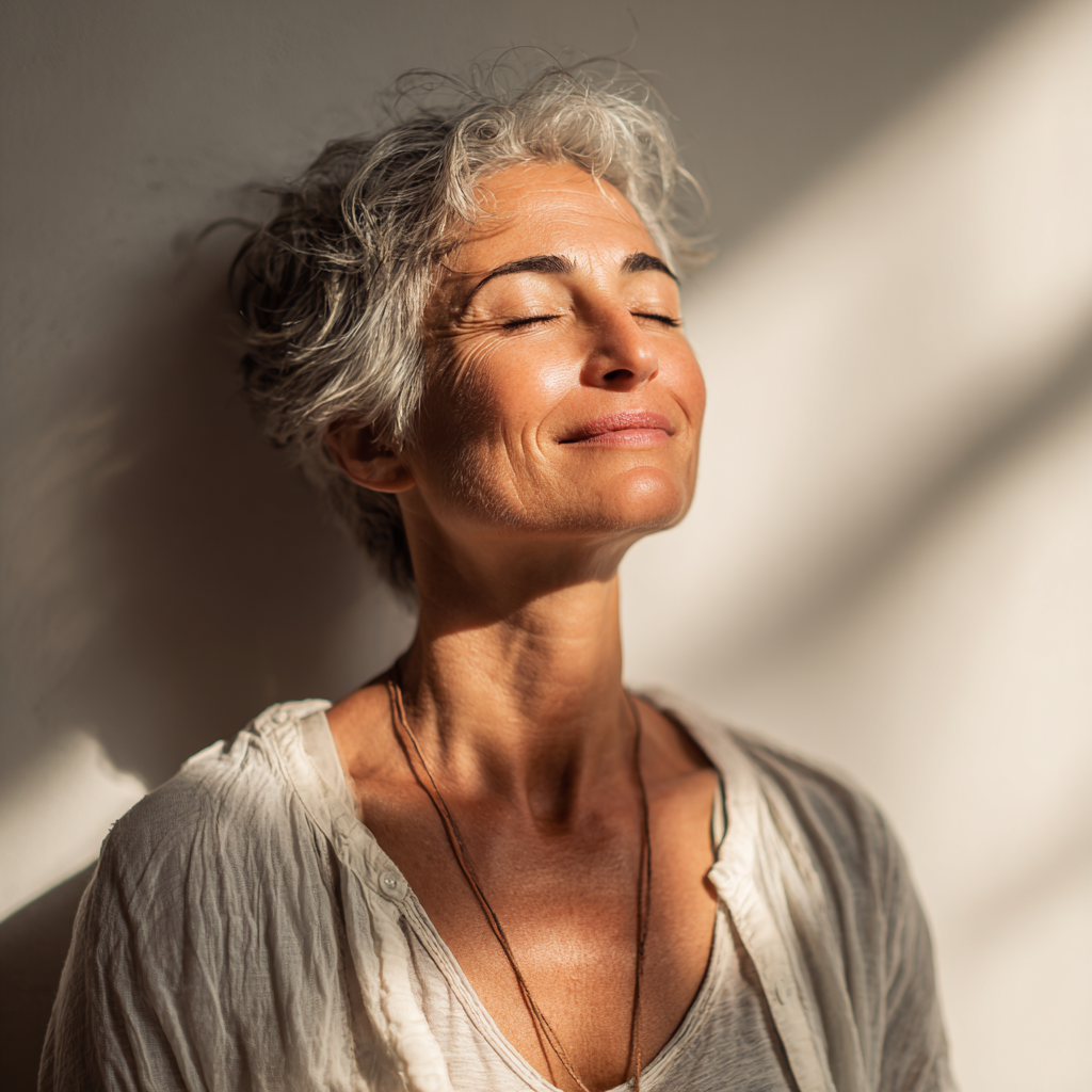 Smiling European couple in their 40s practicing partner yoga pose together, joyful expressions, natural outdoor setting, realistic photography